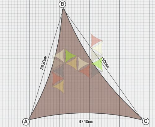 3,83 x 4,50 x 3,74 m-es egyedi napvitorla